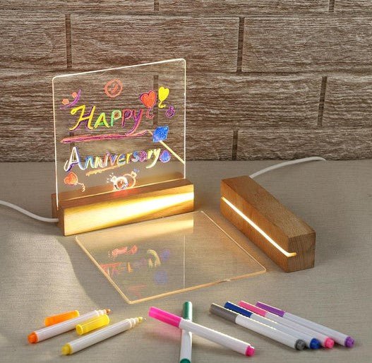 Luminious 3D Acrylic Writing DIY Board with 12 Pens LED Night Light Message Board, Rewritable Message board with Wooden stand, Dry Erase Board for Home & Office. - Memories InsiteWood message board -1